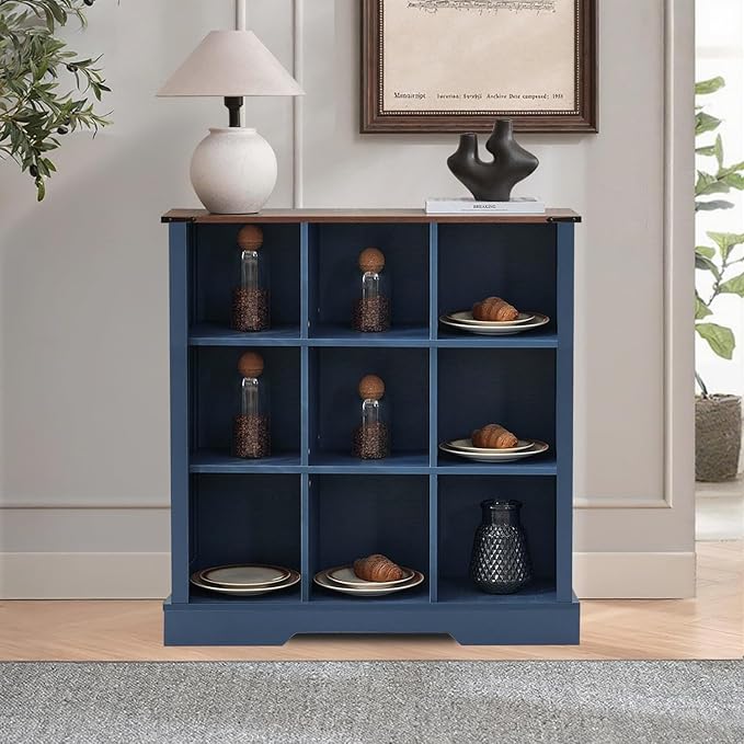 9 Cube Storage Organizer, Wood Cube Bookshelf with LED Lights, Horizontal Storage Cubes, Kids Bookshelf, Display Cabinet Cubby Shelf for Living Room Home Office Bedroom，Navy Blue