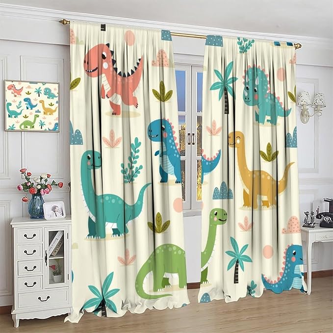 Fun Dino Curtains, Cute Colorful Dinosaur Pattern Blackout Window Treatments, Rod Pocket Thermal Insulated Drapes 2 Panel Sets for Children Boys Bedroom Nursery Classroom, 72" W X 63" L