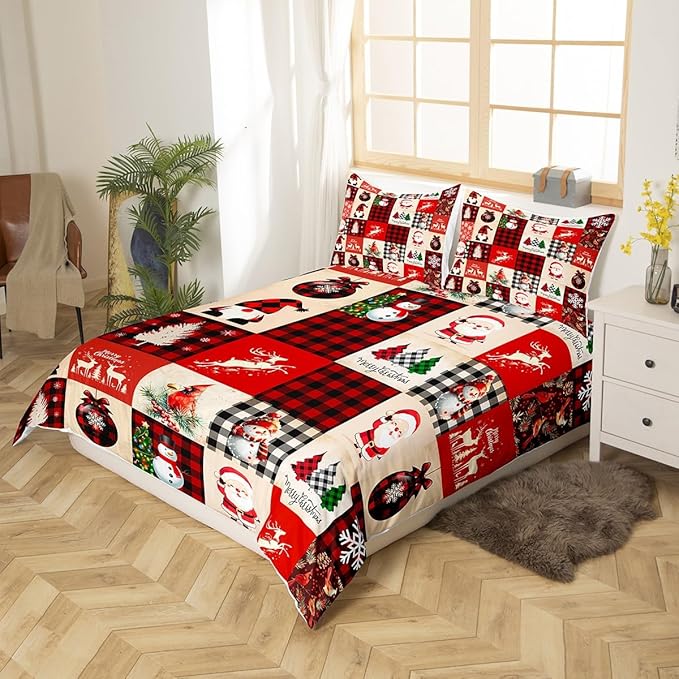 Manfei Christmas Duvet Cover Set King Size, Deer Tree Snowman Santa Claus Print Comforter Cover with 2 Pillowcases, Plaid Grid Print Bedding Set 3pcs for Kids Boys Girls Bedroom Decor,No Comforter