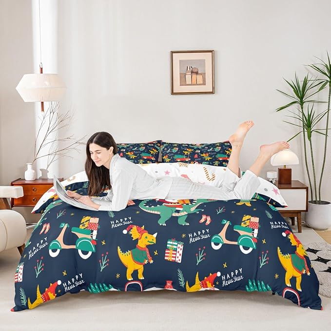 Christmas Bedding Set Cartoon Santa Claus Christmas Tree Comforter Cover for Kids Teens Cute Dino Race Cars Duvet Cover Breathable Gingerbread Man Bedspread Cover Room Decor Quilt Cover Queen Size