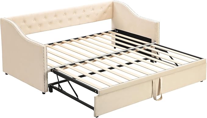 Merax Twin Size Upholstered Velvet Daybed with Pop Up Trundle, Multi-Functional Sofa Bed with Backrest and Two Armrest for Kids Room, Guest Room, Living Room, Beige