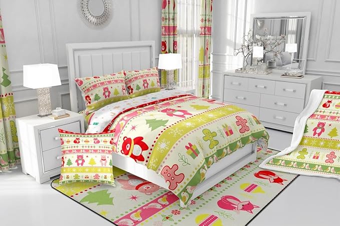 Erosebridal Merry Christmas Comforter Set Kids King Size Xmas Tree Decor Quilts Snowflake Bedding Set Cute Colourful Bear Duvet Insert with 2 Pillow Cases
