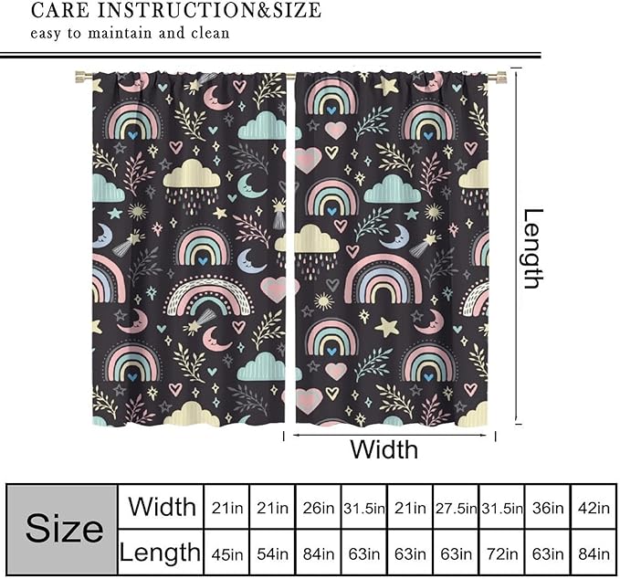 Boho Rainbow Curtains for Kids Nursery Colorful Floral Sun Star Clouds Pastel Bohemian Pattern Print Window Drapes for Girl Bedroom Living Room Kitchen Decor,2 Panel Set,84Wx84H Inch Blackout