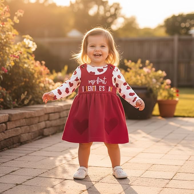 FIOMVA My First Valentines Day Outfit Clothes Baby Girl Romper Love Onesie Heart Embroidery Overalls Suspender Dress Set