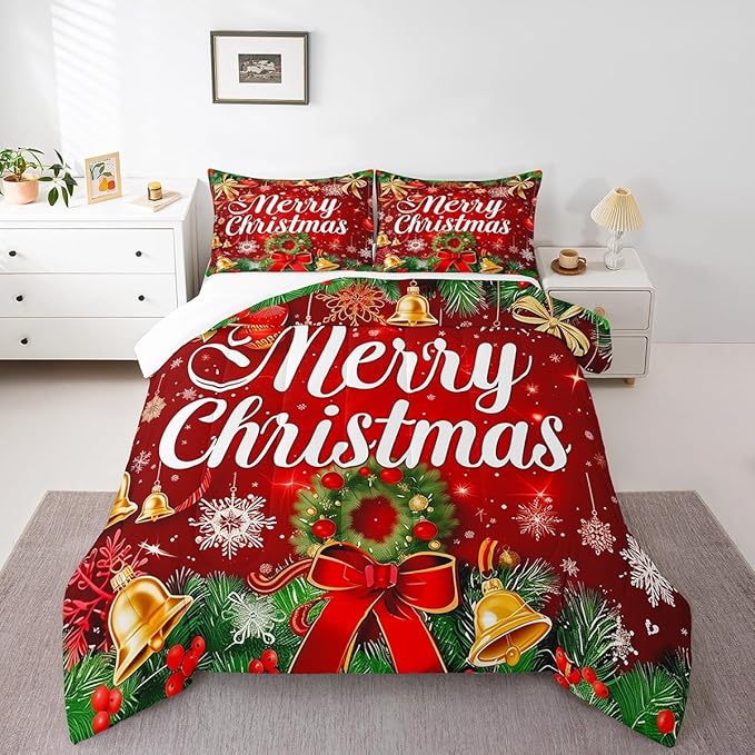 Christmas Wreath Comforter Set Queen Size,Red Bowkont Gold Bell Bedding Set for Kids Boys Girls Room Decor,Snowflake Merry Christmas Duvet Insert 3Pcs,Green Leaves Xmas Theme Quilt Set,2 Pillowcases