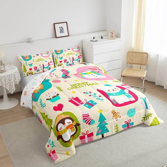 Erosebridal Merry Xmas Comforter Set Twin Size Christmas Tree Quilt for Kids Boys Girls Cartoon Penguin Bear Bedding Set Cute Deer Elk Duvet Insert with 1 Pillow Case