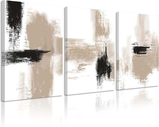 Beige Abstract Wall Art Painting Set of 3 Neutral Canvas Wall Art Prints Black Beige Modern Wall Decor Minimalist Art Pictures Abstract Modern Artwork for Room Bedroom 24x36 Inch Framed