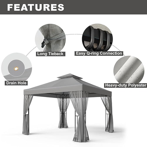 10x10 Outdoor Gazebo Tent with Netting and Corner Shelves, Double Roof Patio Gazebo with Soft Fabric Top, Outdoor Pavilion for Backyard Patio Garden Lawn, Gray