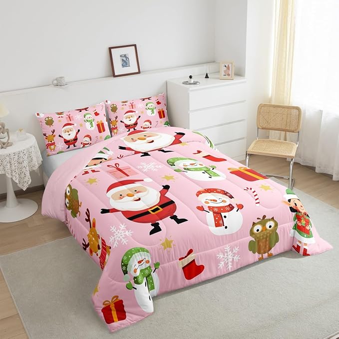 Erosebridal Merry Christmas Bedding Set for Kids Santa Claus Quilts Cute Cartoon Snowman Comforter Set King Size with 2 Pillow Cases Xmas Snowflake Duvet Insert,Pink