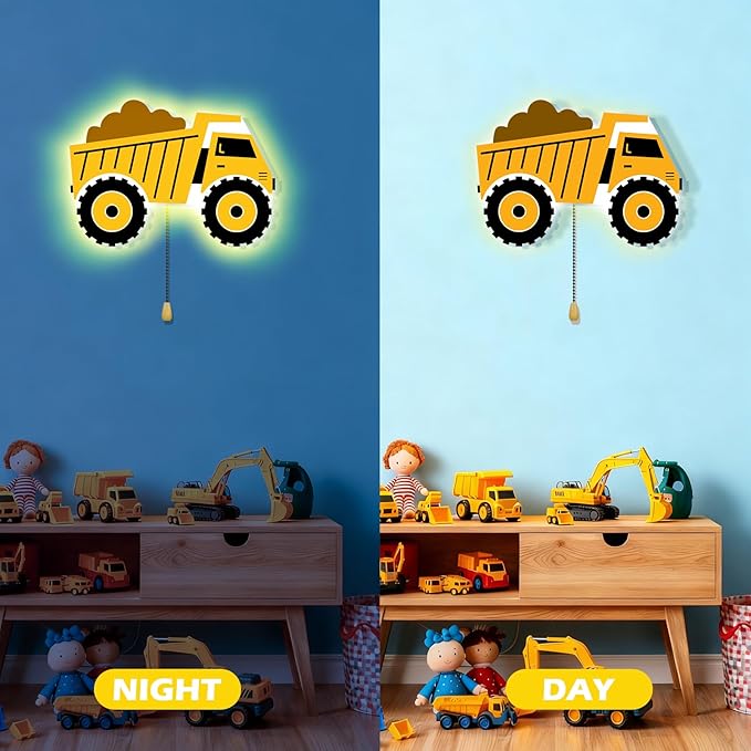 Construction Themed Night Light Wall Lamp Sleeping Nursery Lighting Cute Floating Battery Operated Hanging Lamp for Baby Boys Girls Bedroom Room Nursery Wall Decorations