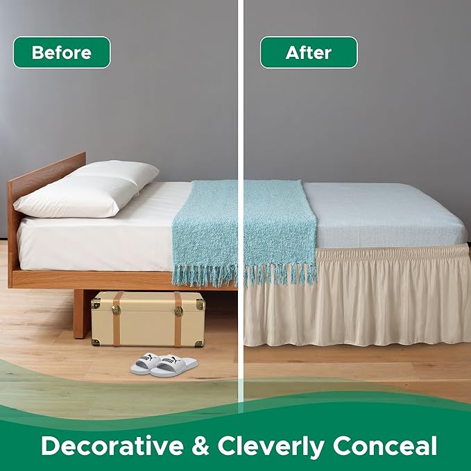 Biscaynebay Wrap Around Bed Skirts for Queen Beds 17" Long Drop, Light Camel Adjustable Elastic Dust Ruffles Easy Fit Wrinkle & Fade Resistant Silky Luxurious Fabric Solid Machine Washable