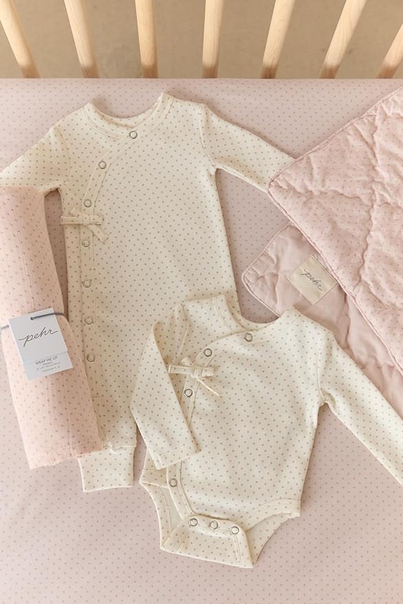 Pehr Crib Sheet, Pin Dot Peony | Breathable Brushed Organic Cotton for Soft Sleep | Snug Fit | Reusable Fabric Bag Packaging | Standard Crib Mattresses up to 52”L x 28”W x 8”H