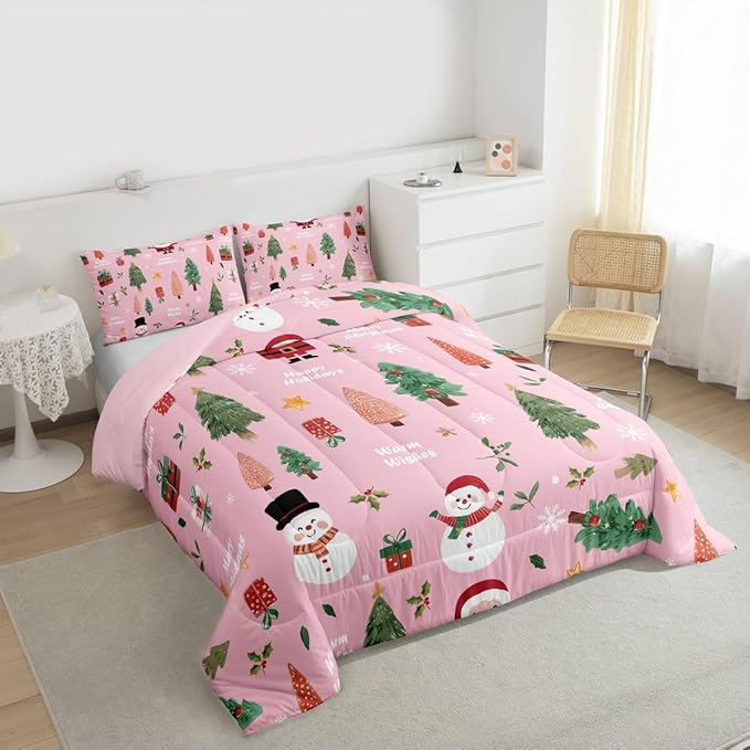 Feelyou Pink Christmas Comforter Set King Size Snowman Bedding Set for Kids Boys Girls Xmas Tree Duvet Quilt Bedroom Decor Microfiber 3 Pcs with 2 Pillow Cases