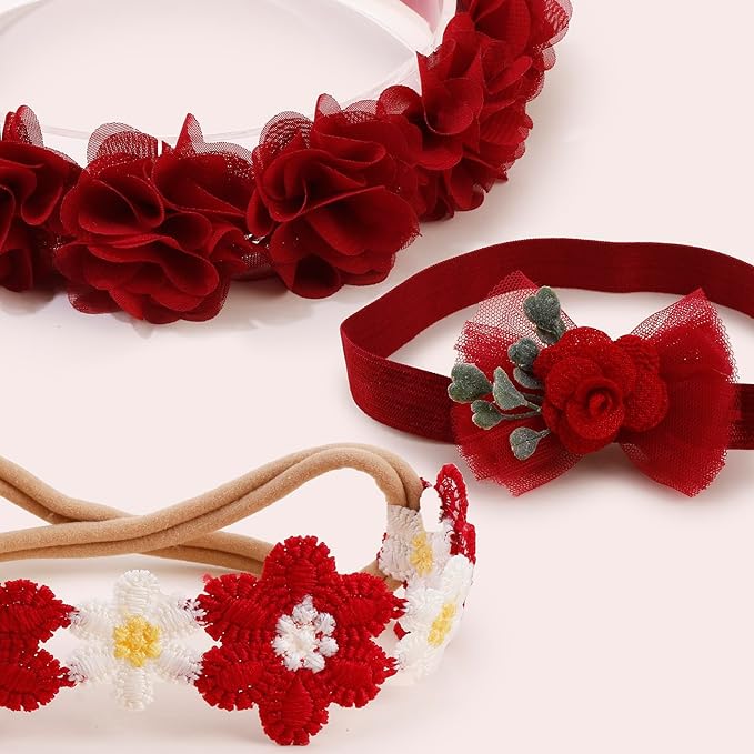 cherrboll Baby Girl Nylon Headbands, 3Pcs Handmade Floral Hair Bows, Stretchy Flower Hairbands for Newborns Infants Toddlers Christmas
