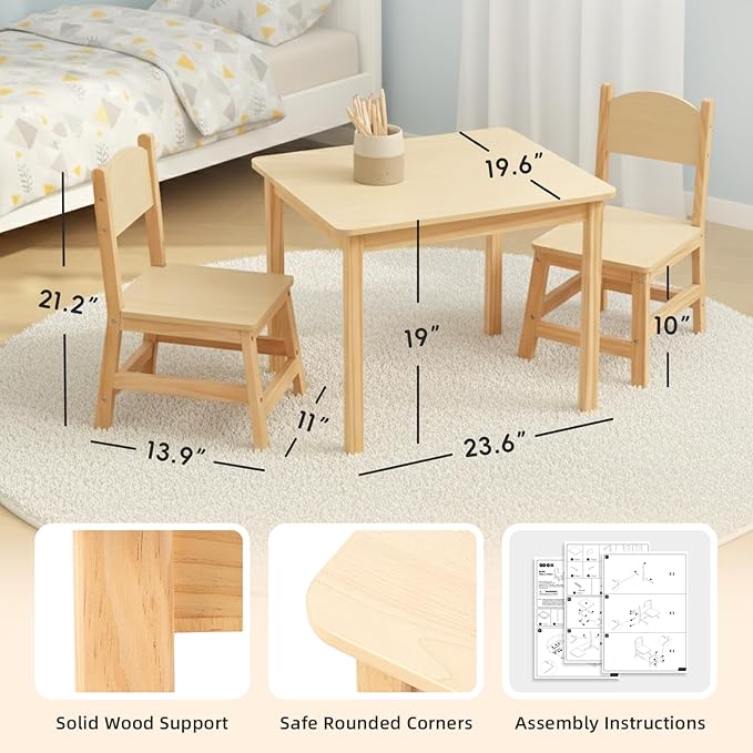 Wood Kids Table and Chairs Set, Waterproof Desktop, Easy to Clean, Smooth Edge, Ideal Toddler Table Chairs Set for Eating, Snack Time and Play Games