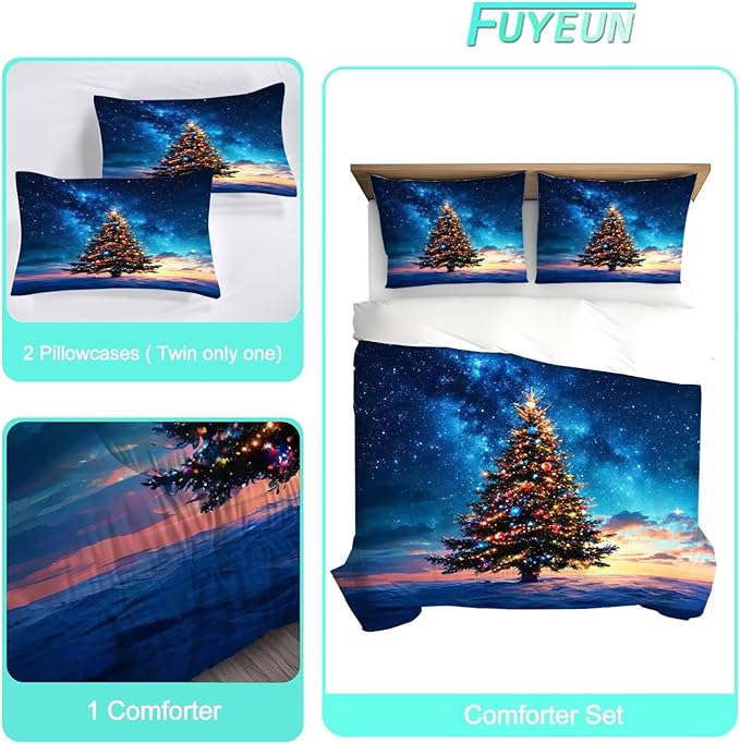 Christmas Tree Comforter Set King Size Galaxy Bedding for Girls Teen Women Blue Xmas Holiday Space Bedroom Quilt Bed Sets, 1 Comforter 2 Pillowcases
