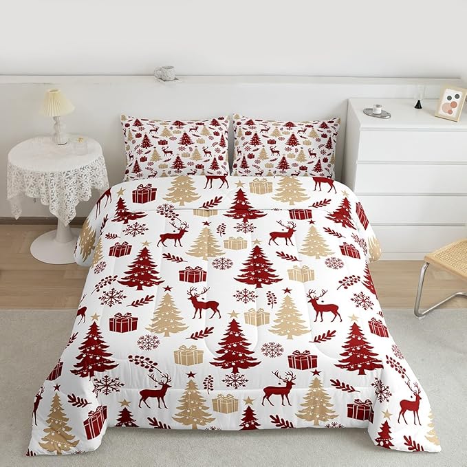 Feelyou Christmas Comforter Set All Season Xmas Tree Bedding Set with 1 Pillow Cases Reindeer Microfiber Kids Twin Bedclothes Snowflake Gift Bedroom Decor Duvet Quilt Breathable Soft Lightweight