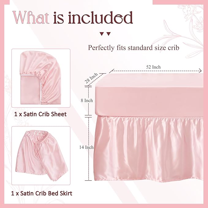 SiinvdaBZX 2-Piece Set Satin Crib Sheets & Crib Bed Skirt, 52" x 28" Silky Soft Ruffled Baby Crib Skirt with Adjustable Elastic 14" Drop, Fit for Standard Crib & Toddler Bedding (Pink)