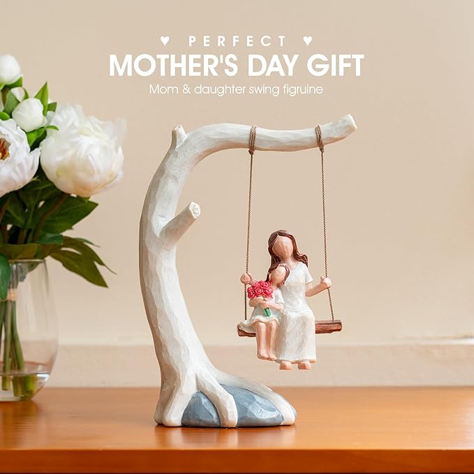 Decorative Mother and Child Tree Swing Figurine, Mother Daughter Hand-Painted Resin Sculpture, Mom Birthday Gift from Daughter, Home Decor, Swing Statue.