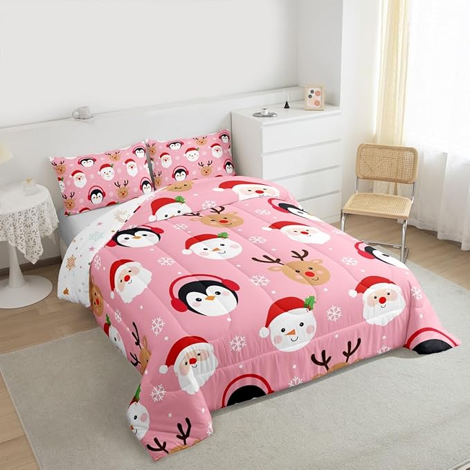 Feelyou Pink Christmas Comforter Set Toddler Size Santa Claus Bedding Set for Kids Boys Girls Deer Penguin Duvet Quilt Snowman Bedroom Decor Microfiber 2 Pcs with 1 Pillow Cases