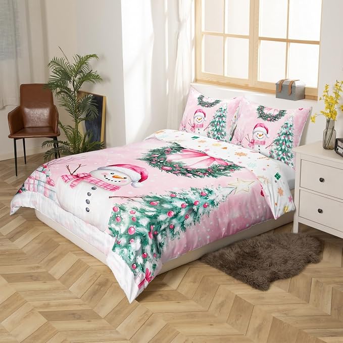 Manfei Christmas Kids Duvet Cover Set Twin Size, Cute Snowman Xmas Tree Bedding Set for Boys Girls Adults, Pink Bowknot Xmas Comforter Cover, Soft Polyester Quilt Cover, 1 Pillowcase, No Comforter