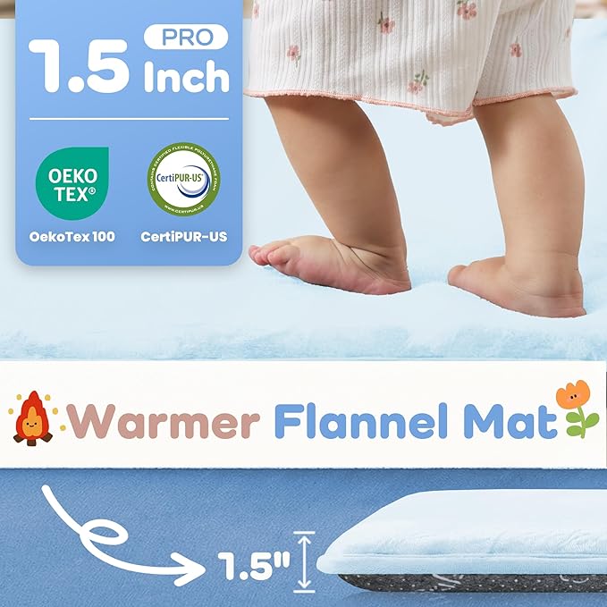 1.5" Thick Baby Play Mat for Floor, 39x59 Playpen Mat, Pro Soft Flannel Foam Mats Toddler Infant Kids Crawling for Nursery Rug Playroom Living Room Waterproof Easy Care Non-Slip (Baby Blue)
