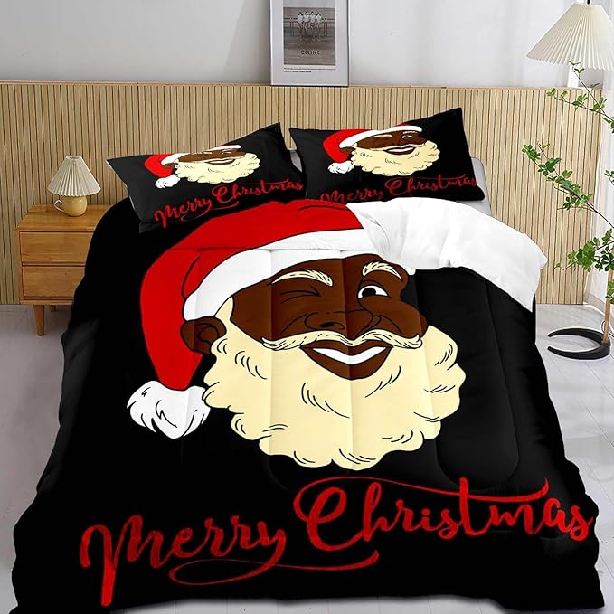 LUVIVIHOME 3PCS Christmas Comforter Set King Size, Funny African American Black Santa Claus Bedding, Winter Xmas Merry Christmas Bedroom Decor for Kids Boys Girls Teens, Xmas Gifts, 2 Pillow Shams