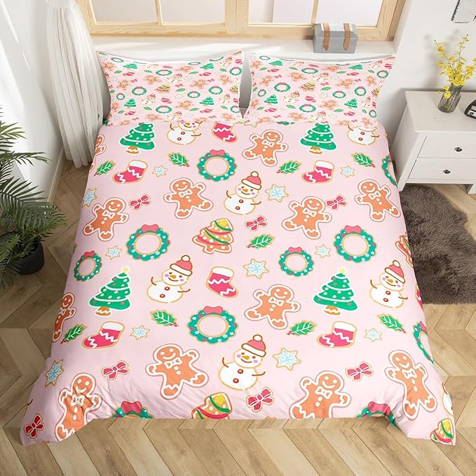 Christmas Comforter Cover Cartoon Snowman Christmas Tree Bedding Set Gingerbread Man Xmas Theme Duvet Cover for Kids Boys Girls Microfiber Pink Bedspread Cover Room Decor Bedclothes Queen Size