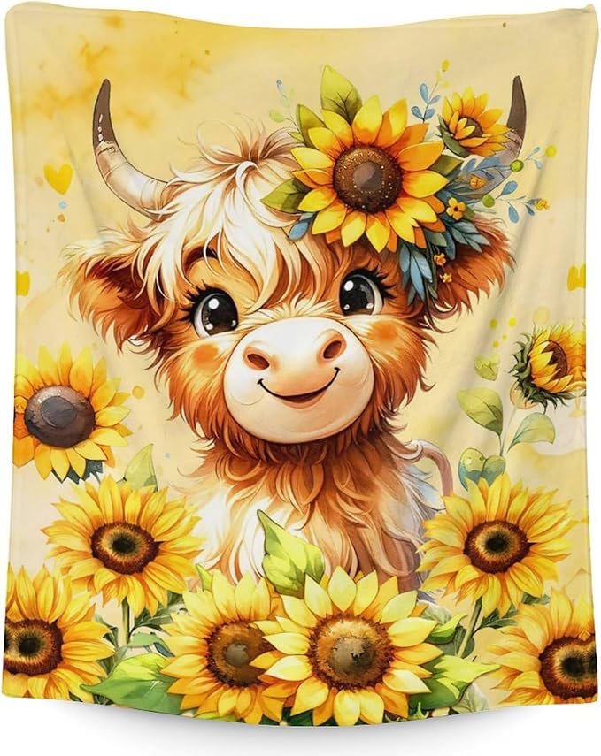 Blanket for Women - 50" x 60" Inches Cute Highland Cow Throw Blanket Gift for Teens - Yellow Lightweight Warm Blankets for Couch, Bed & Travel