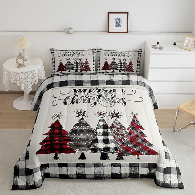 Christmas Trees Kids Comforter Set Twin Size,Geometric Grids Ink Tie-dye Bedding,Girls Boys Adults Bedroom/Xmas Cabin Decor,Rustic Vintage Down Comforter,Black Grey Retro Duvet Insert,1 Pillowcase