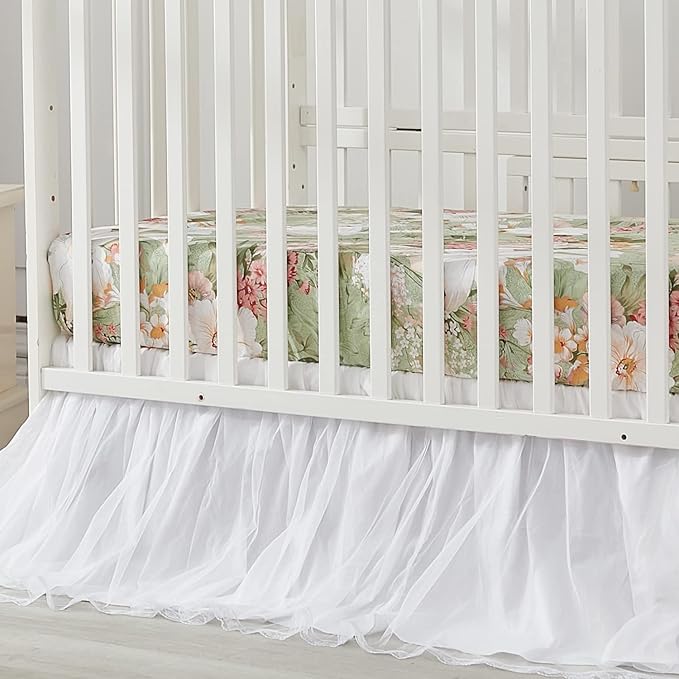 Brandream Crib Bed Skirt for Baby Girls Boys White Lace Tulle Ballerina Girls Dust Ruffle Double Layered with Solid Cotton Toddler Bedskirt