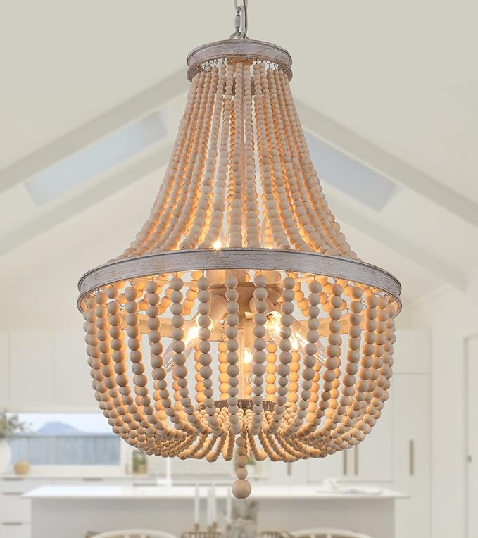 Q&S Farmhouse Wood Beaded Chandelier,Oak White 8-Lights Retro Vintage Antique Rustic Boho Pendant Light Fixture for Foyer Living Room Bedroom Kitchen Dining Room Office Nursery UL Listed