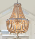 Q&S Farmhouse Wood Beaded Chandelier,Oak White 8-Lights Retro Vintage Antique Rustic Boho Pendant Light Fixture for Foyer Living Room Bedroom Kitchen Dining Room Office Nursery UL Listed