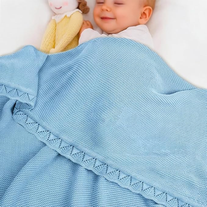 Baby Knit Blanket Soft Breathable Cotton Scallop Border Blankets Newborn Knitted Blanket Swaddle Blankets Gifts for Baby Newborn Toddler Shower Boy Girl New Mom Birthday Christmas Blue 28x36