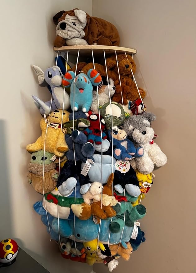 Corner Stuffed Animal Storage Net - Heigh Adjustable Wood Stuffed Animal Organizer - Large Wall Plush Holder Teddy Bear Storage for Bedroom Kids Room Nursery Decor (Natural Pine with Dolphin Pattern)