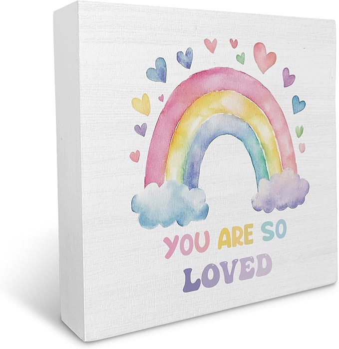 Ku-Dayi Boho Rainbow Wooden Box Sign, Inspirational Wood Box Decorative Accessories for Girls Kids Nursery Bedroom Room Playroom, You Are So Loved Wooden Block Plaque Desk Shelf Decor 5x5 Inch
