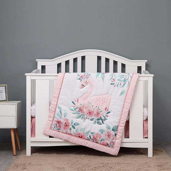 Hanbear 4 PCs Pink Floral Swan Theme Nursery Crib Bedding Set 1 Quilt 2 Fitted Sheet 1 Skirt Baby Girl Swan Themed Princess Girl Bedding Set, 28 x 52