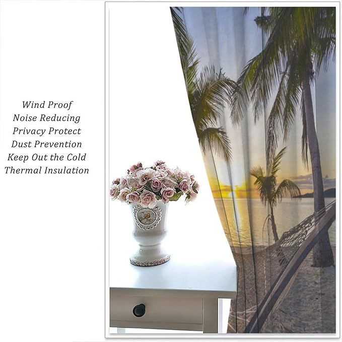Ocean Beach Curtains,Morning Sunrise Hawaiian Seaside Scene Pattern Blackout Print Home Bedroom Living Room Window Treatments 2 Panel Set 63x63 Inch