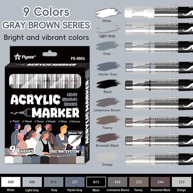 Paint Pens Acrylic Markers - 9 Gray Brown Series Brush Tip Water Based Marker Pens for Rock Painting, Wood, Ceramic, Glass, Acrylic Paint Markers for Egg Pumpkin