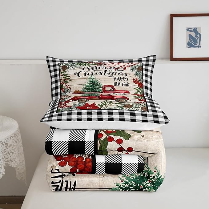 Manfei Red Truck Comforter Set Twin Size, Christmas Theme New Year Quilt Set with 1 Pillowcase, Grey Plaid Print Bedding Set 2pcs for Kids Boys Girls Bedroom Decor