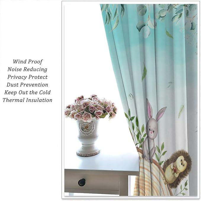 Kids Forest Animal Curtains, Woodland Animal Window Treatments Fox Deer Bunny Wildlife Safari Jungle Bear Farmhouse Window Drapes for Girls Boys Nursery Bedroom 63x72in