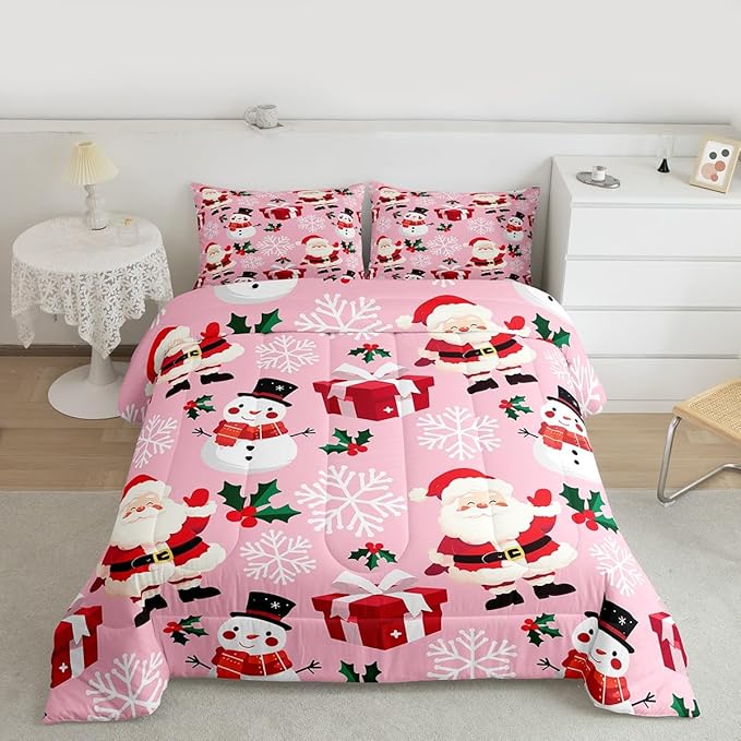 jejeloiu Merry Christmas Comforter Set Twin Size Xmas Santa Claus Bedding Set for Kids Boys Girls Cute Snowman Duvet Quilt Pink Bedroom Decor