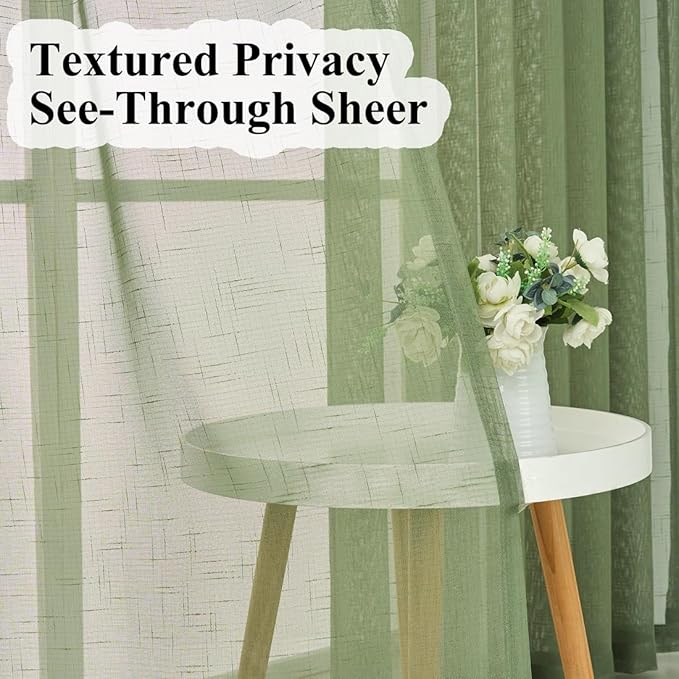 Sage Green Linen Look Sheer Curtains 108 Inches Long 2 Panels, Rustic Textured Light Filtering Drapes, Elegant Window Decor, Floor to Ceiling Pinch Pleat Curtain with Hooks