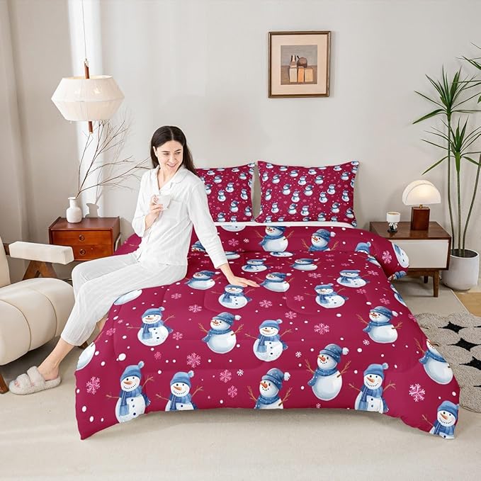jejeloiu Kids Cute Winter Snowman Comforter Set Twin Size Red Christmas Theme Bedding Set for Boys Girls Teens Xmas Snowflake Happy New Year Duvet Quilt Room Decor