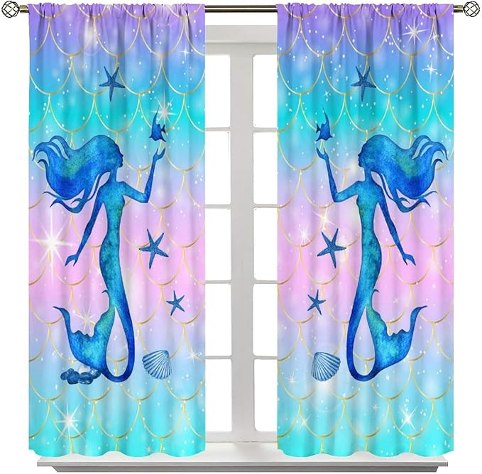 Mermaid Scale Curtains for Kids Girls Magic Gradient Mermaid Fish Scale Pattern Decoration Bedroom Nursery Curtains 72x63 Inch