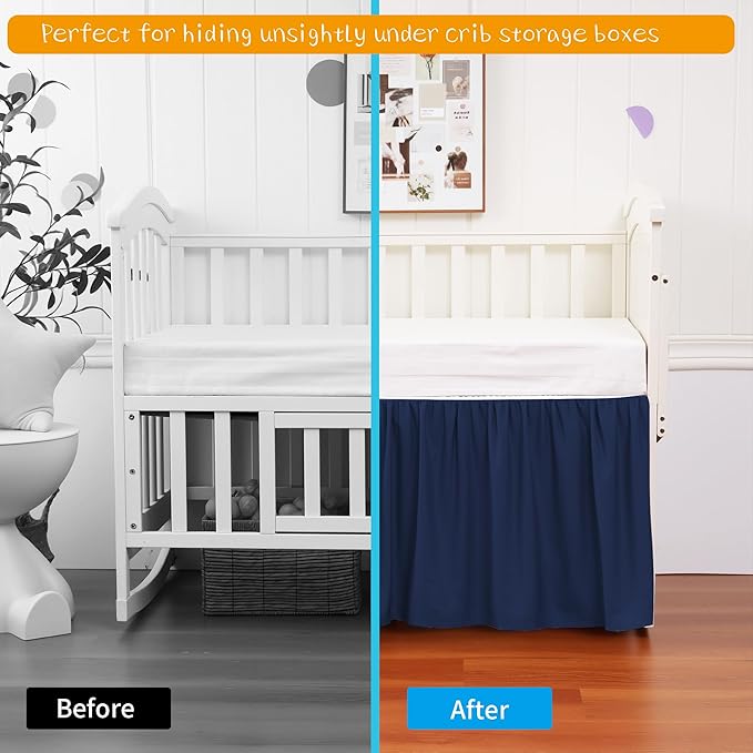 Crib Bed Skirt Dust Ruffle 100% Cotton - Natural, Soft, Breathable for Baby's Delicate Skin, Nursery Toddler Crib Bed Skirt for Baby Boys Girls, Fits Standard Cribs 28" x 52" with 14" Drop