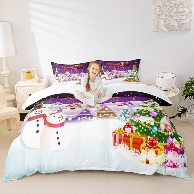 Manfei Xmas Duvet Cover Set Twin Size, Snowman Christmas Tree Bedding Set for Kids Boys Girls, Santa Claus with Reindeer Comforter Cover New Year Theme Quilt Cover with 1 Pillowcase, No Comforter