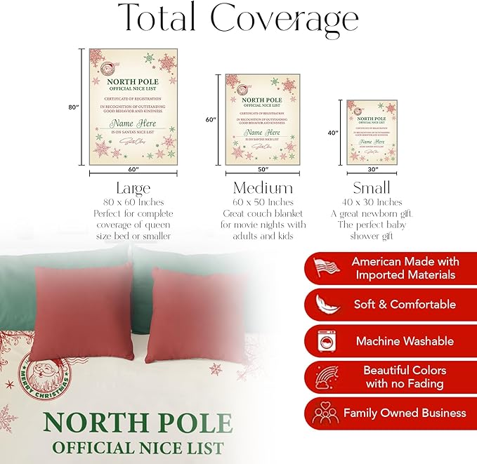 Personalized Christmas Blanket, Santa’s Nice List - Ships Next Day, Printed in USA - Warm Fleece or Sherpa Sofa Throw, Cute Holiday Décor - Customizable Family Throws (Fleece 50x60)