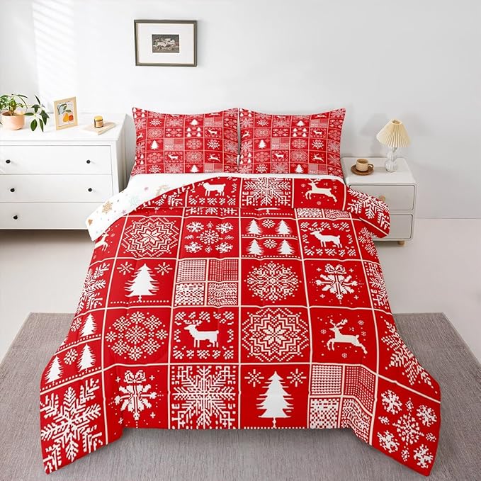 Kids Merry Christmas Comforter Set Full Size,Deer Snowflake Pines Silhouette Bedding,Girls Boys Adults Bedroom/Xmas Cabin Decor,Geometric Lattice Down Comforter,Red Bright Duvet Insert,2 Pillowcases