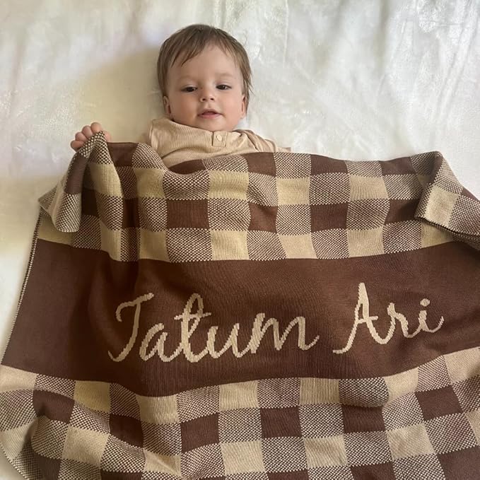 Personalized Gingham Name Blanket – 100% Organic Cotton Customized Baby Blanket, Custom Name, Crib 36x60, Gift for Baby Shower, Birthday Present, Girls and Boys, Toddlers Kids - Made in America